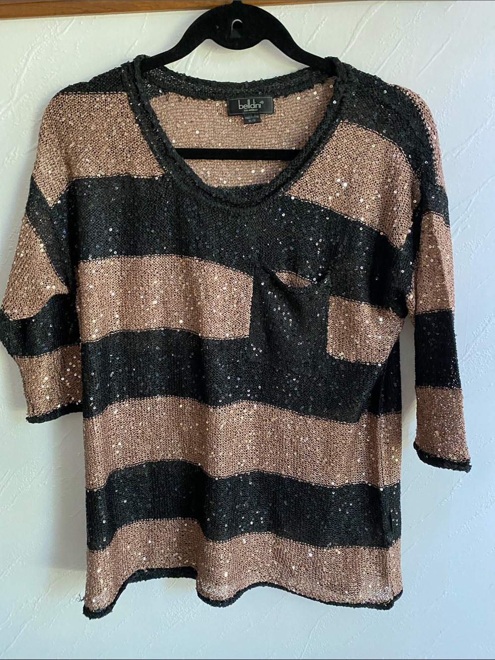 Belldini Black and Rose Gold Striped Sequin Knit Top